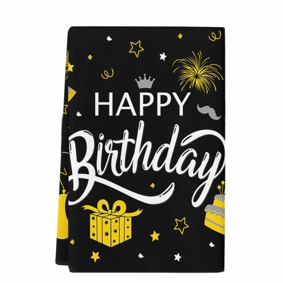 Dish Towels, Happy Birthday Absorbent Kitchen Towels 1 PC, Cake Fireworks Microfiber Hand Towels Dish Cloths Tea Towels for Home&nbsp; Bathroom,18X28-Inch, Black Gold