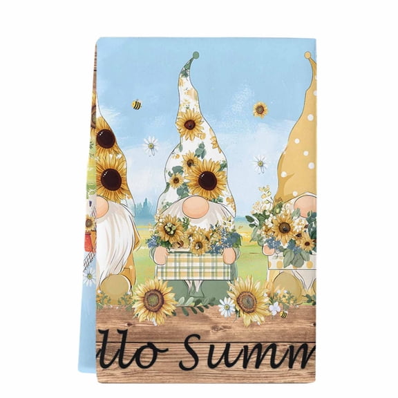 Dish Towels, Hello Summer Absorbent Kitchen Towels 1 PC, Daisy Sunflowers Gnomes Blue Sky Microfiber Hand Towels Dish Cloths Tea Towels for Home&nbsp;Bathroom Cleaning Drying,18X28-Inch,