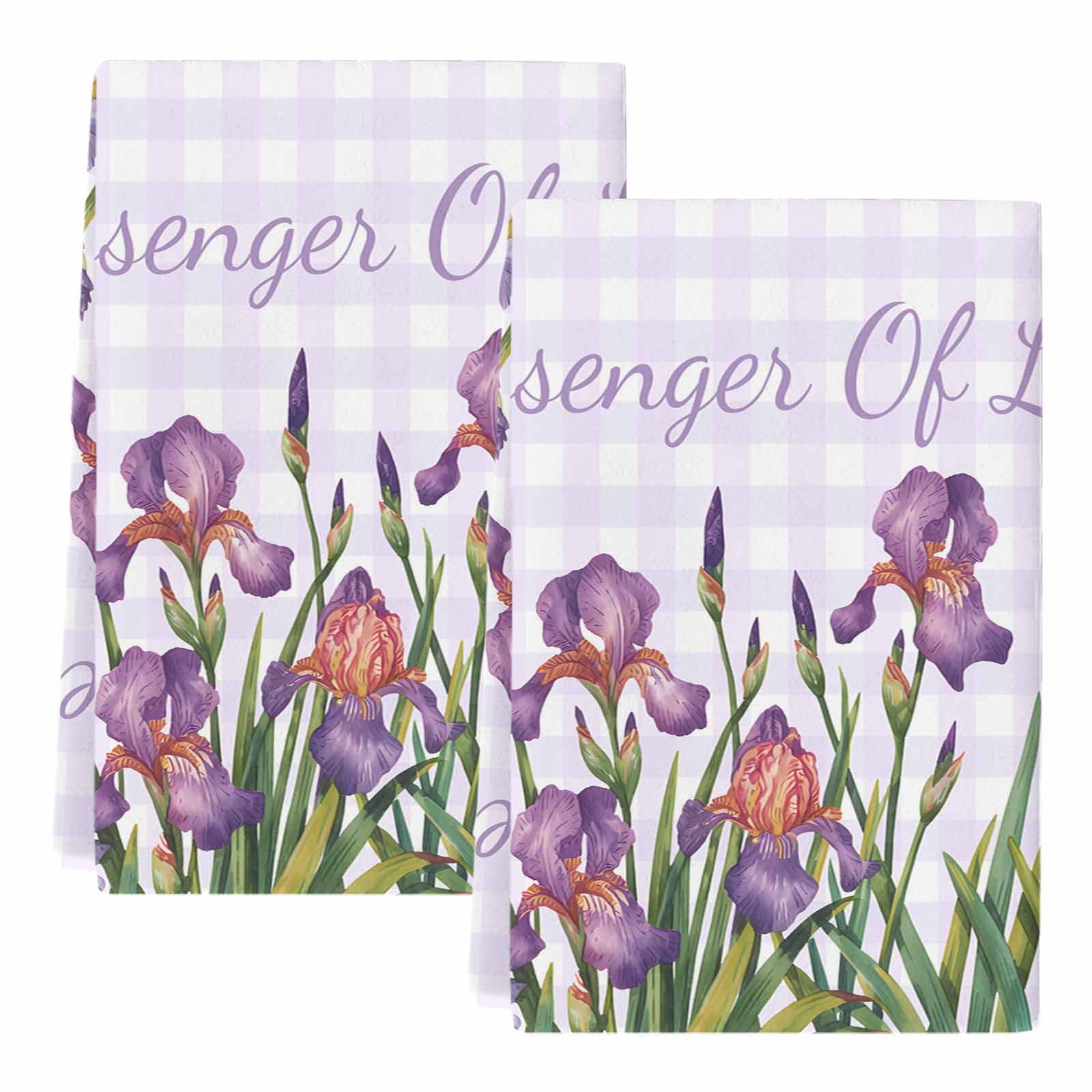 Dish Towels, Iris Flowers Absorbent Kitchen Towels 2 PCS, Floral Purple Buffalo Plaid Microfiber Hand Towels Dish Cloths Tea Towels for Home&nbsp;Bathroom Cleaning Drying,18X28-Inch,