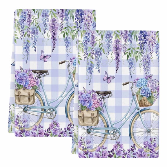 Dish Towels, Lavender Bicycle Absorbent Kitchen Towels 2 PCS, Butterfly Wisteria Flower Purple Plaid Microfiber Hand Towels Dish Cloths Tea Towels for Home Bathroom Cleaning Drying,18X28-Inch,
