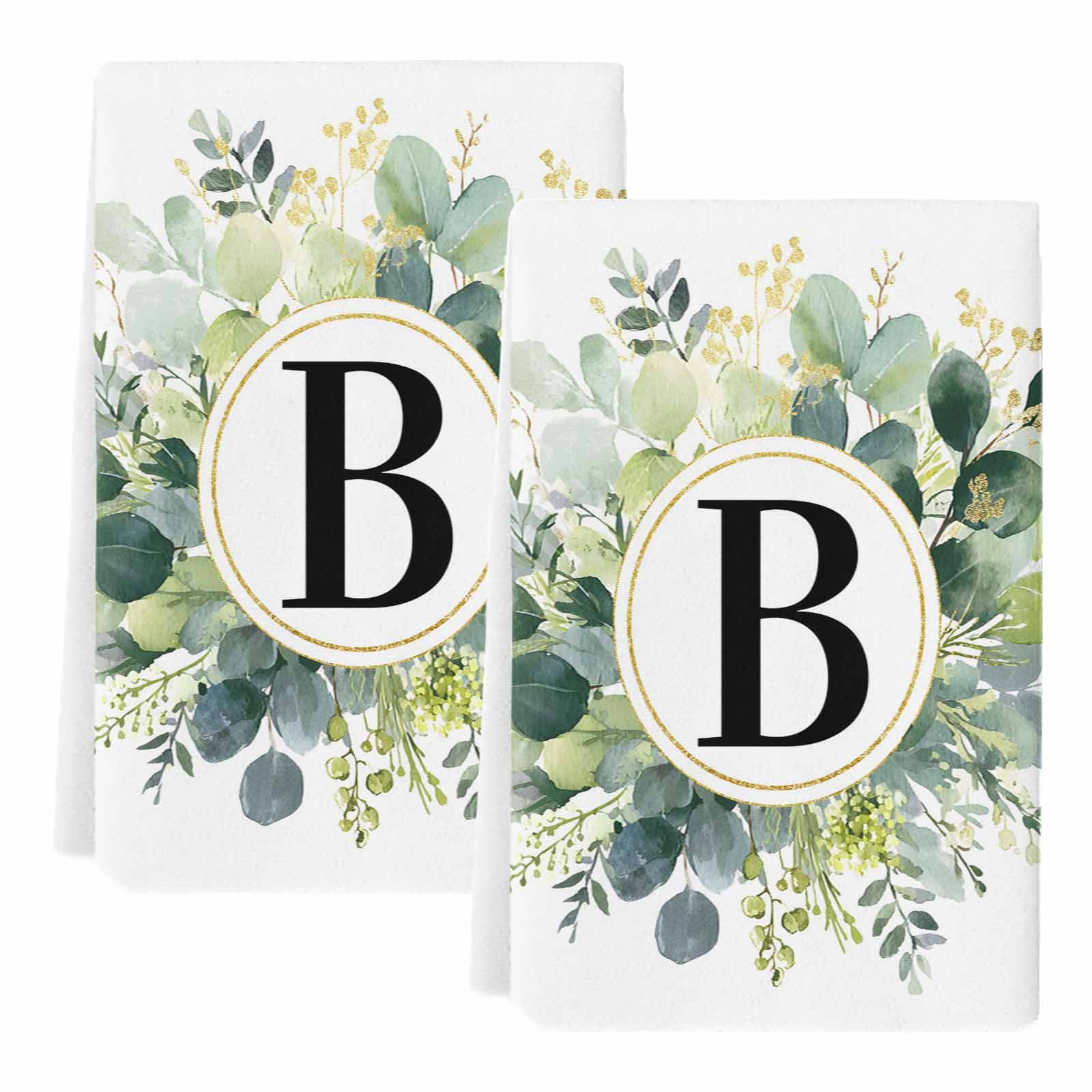 Dish Towels, Letter B Absorbent Kitchen Towels 2 PCS, Alphabet Green Eucalyptus Leaves Microfiber Hand Towels Dish Cloths Tea Towels for Home&nbsp;Bathroom Cleaning Drying,18X28-Inch,