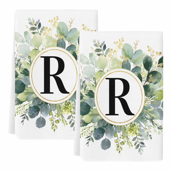 Dish Towels, Letter R Absorbent Kitchen Towels 2 PCS, Alphabet Green Eucalyptus Leaves Microfiber Hand Towels Dish Cloths Tea Towels for Home Bathroom Cleaning Drying,18X28-Inch,
