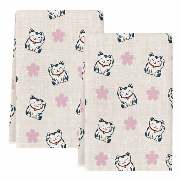 Dish Towels, Lucky Cat Absorbent Kitchen Towels 2 PCS, Cherry Blossoms Japanese Style Linen Microfiber Hand Towels Dish Cloths Tea Towels for Home Bathroom Cleaning Drying,18X28-Inch,