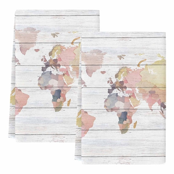 Dish Towels, Maps Of The World Absorbent Kitchen Towels 2 PCS, Earth Tourism Wood Grain Microfiber Hand Towels Dish Cloths Tea Towels for Home Bathroom Cleaning Drying,18X28-Inch,