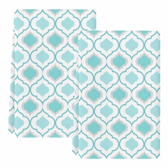 Dish Towels, Moroccan Pattern Absorbent Kitchen Towels 2 PCS, Cyan Geometric Trellis Microfiber Hand Towels Dish Cloths Tea Towels for Home Bathroom Cleaning Drying,18X28-Inch,