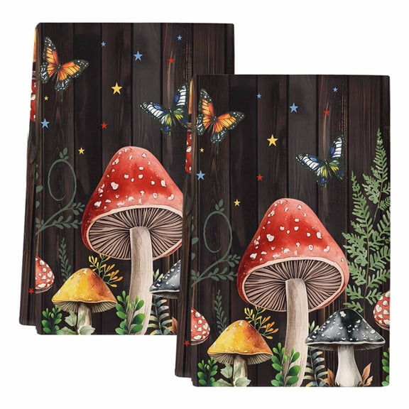 Dish Towels, Mushrooms Absorbent Kitchen Towels 2 PCS, Brown Butterflies Wood Grain Microfiber Hand Towels Dish Cloths Tea Towels for HomeBathroom Cleaning Drying,18X28-Inch,