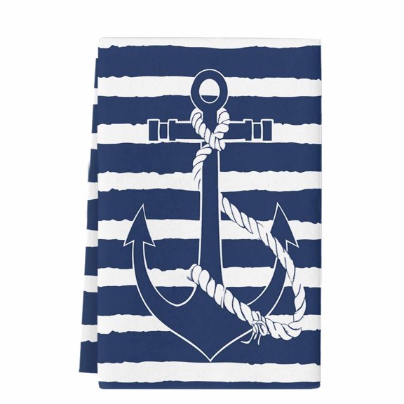 Dish Towels, Nautical Anchor Absorbent Kitchen Towels 1 PC, Navy Blue Striped Pattern Microfiber Hand Towels Dish Cloths Tea Towels for Home Bathroom,18X28-Inch,