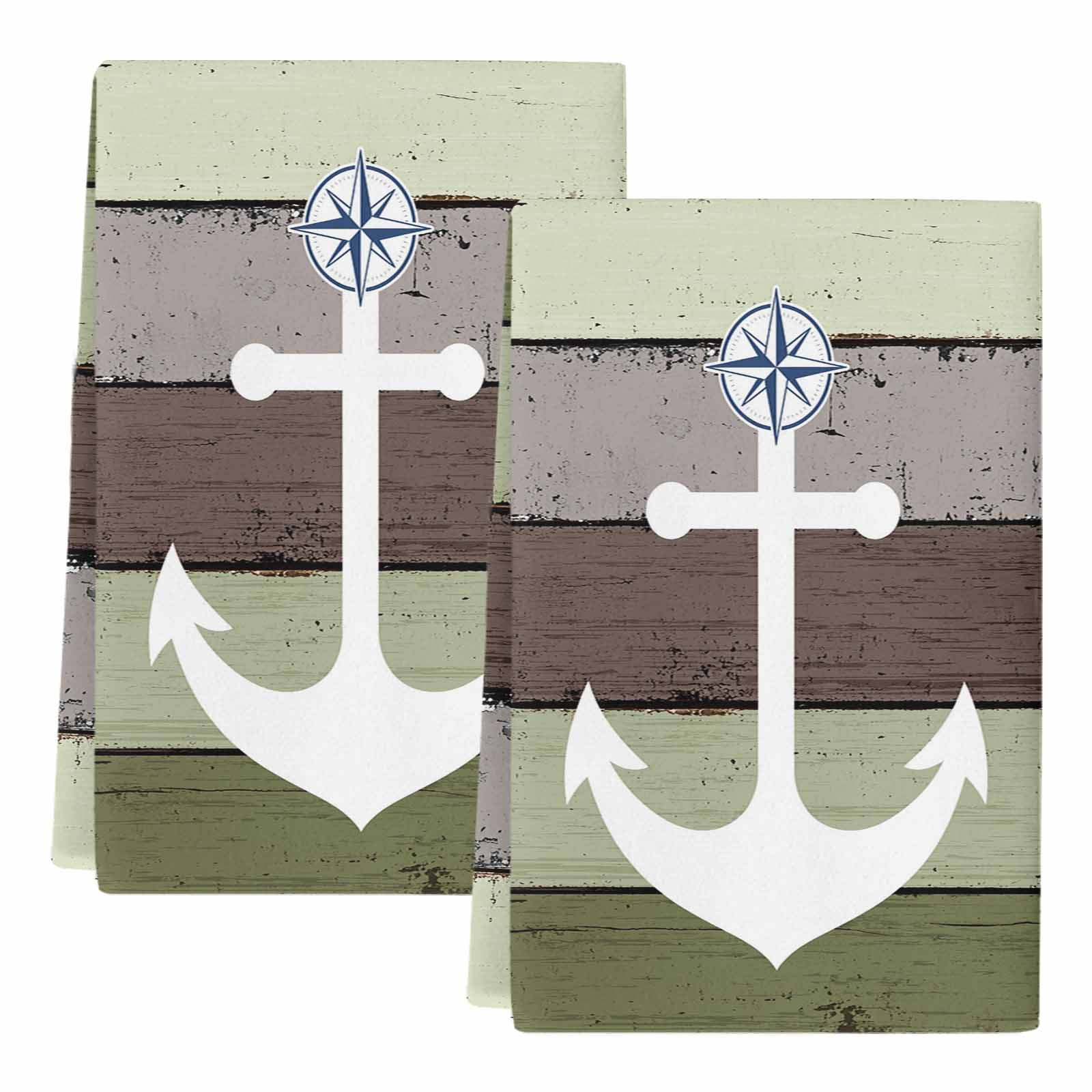 Dish Towels, Nautical Anchor Absorbent Kitchen Towels 2 PCS, Vintage Sage Green Wood Grain Microfiber Hand Towels Dish Cloths Tea Towels for Home&nbsp;Bathroom Cleaning Drying,18X28-Inch,