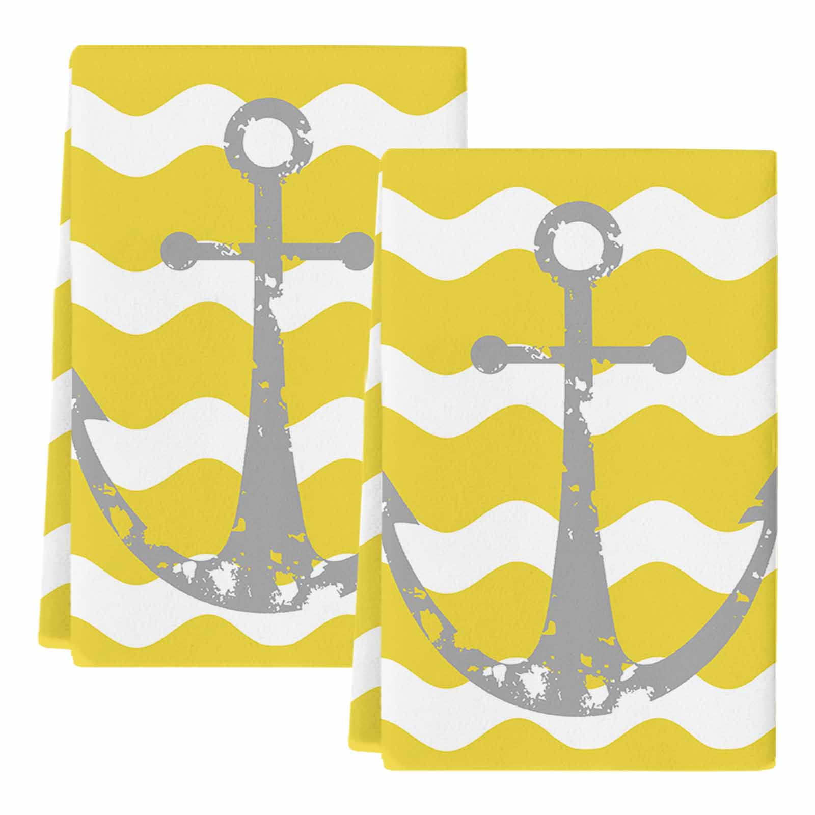 Dish Towels, Nautical Anchor Absorbent Kitchen Towels 2 PCS, Yellow and White Wave Stripes Microfiber Hand Towels Dish Cloths Tea Towels for Home&nbsp;Bathroom Cleaning Drying,18X28-Inch,