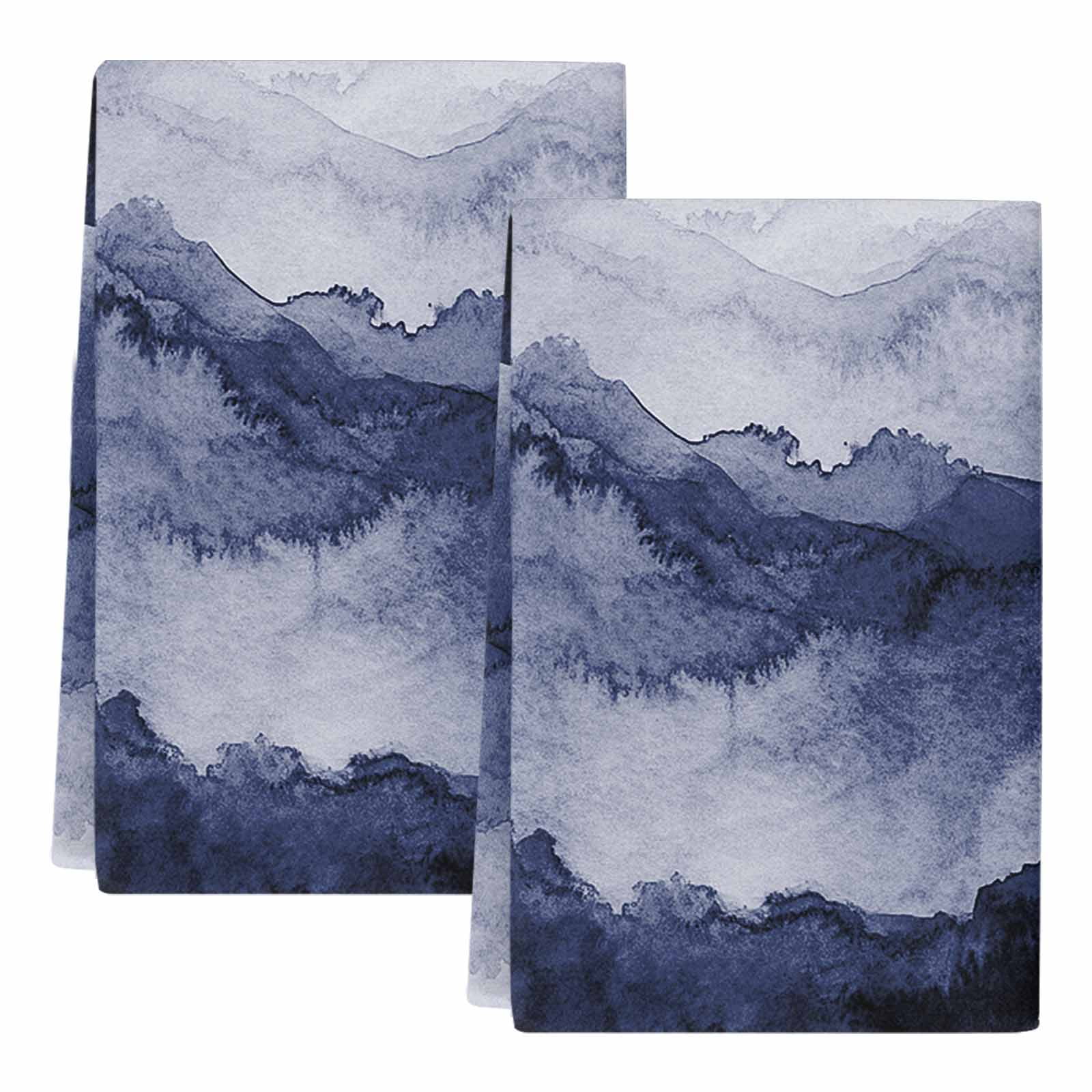 Dish Towels, Navy Blue Mountain Absorbent Kitchen Towels 2 PCS, Ombre Abstract Natural Microfiber Hand Towels Dish Cloths Tea Towels for Home&nbsp;Bathroom Cleaning Drying,18X28-Inch,