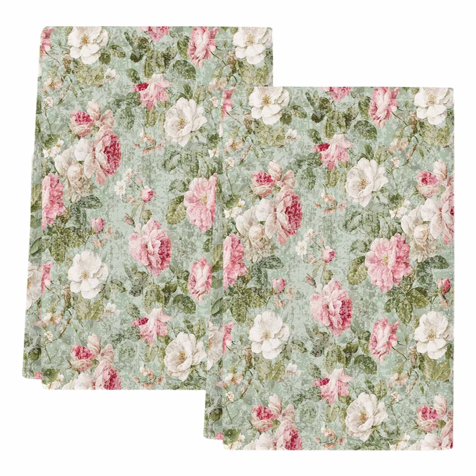 Dish Towels, Pink Bloom Flowers Absorbent Kitchen Towels 2 PCS, Retro Spring Floral Microfiber Hand Towels Dish Cloths Tea Towels for Home&nbsp;Bathroom Cleaning Drying,18X28-Inch,