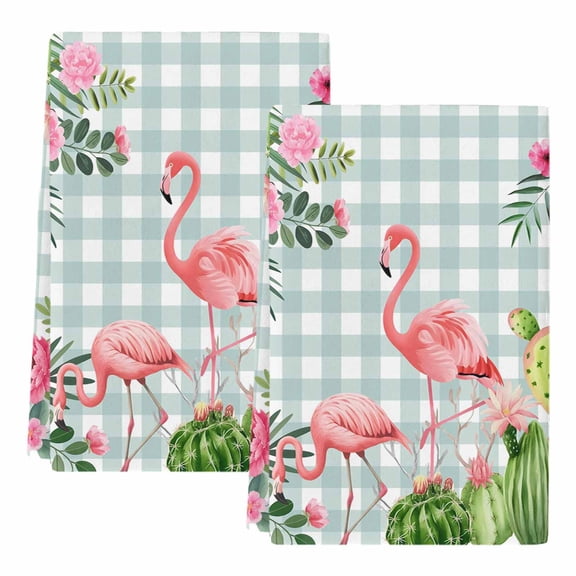 Dish Towels, Pink Floral Flamingos Absorbent Kitchen Towels 2 PCS, Summer Tropical Cactus Green Plaid Microfiber Hand Towels Dish Cloths Tea Towels for Home&nbsp;Bathroom Cleaning Drying,18X28-Inch,