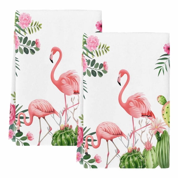Dish Towels, Pink Floral Flamingos Absorbent Kitchen Towels 2 PCS, Summer Tropical Cactus Microfiber Hand Towels Dish Cloths Tea Towels for Home Bathroom Cleaning Drying,18X28-Inch,