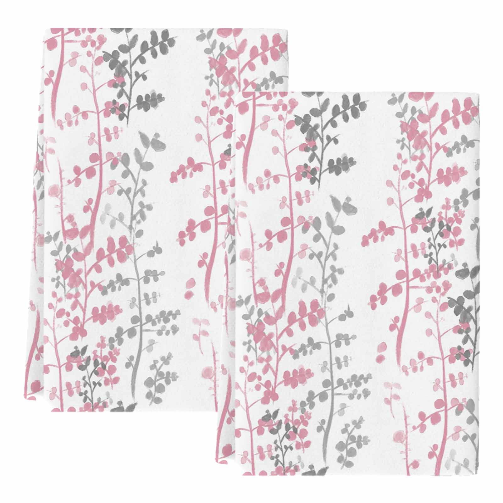Dish Towels, Pink Leaf Absorbent Kitchen Towels 2 PCS, Grey Leaves Branches Microfiber Hand Towels Dish Cloths Tea Towels for Home&nbsp;Bathroom Cleaning Drying,18X28-Inch,