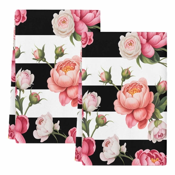 Dish Towels, Pink Peony Rose Absorbent Kitchen Towels 2 PCS, Floral Black Stripes Microfiber Hand Towels Dish Cloths Tea Towels for Home Bathroom Cleaning Drying,18X28-Inch,