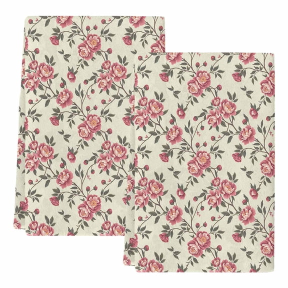 Dish Towels, Pink Rose Absorbent Kitchen Towels 2 PCS, Flower Leaves Plant Beige Microfiber Hand Towels Dish Cloths Tea Towels for Home&nbsp;Bathroom Cleaning Drying,18X28-Inch,