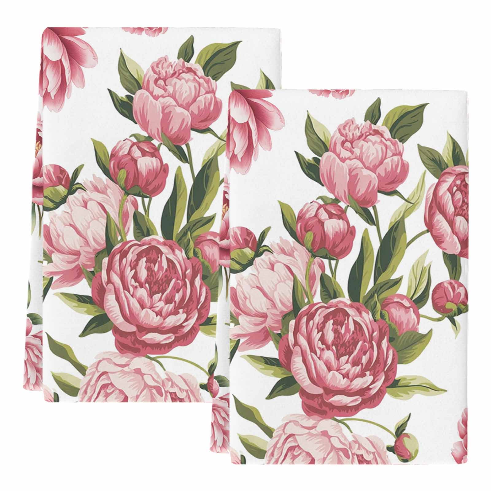 Dish Towels, Pink Rose Floral Absorbent Kitchen Towels 2 PCS, Leaves Flowers Microfiber Hand Towels Dish Cloths Tea Towels for Home&nbsp;Bathroom Cleaning Drying,18X28-Inch,