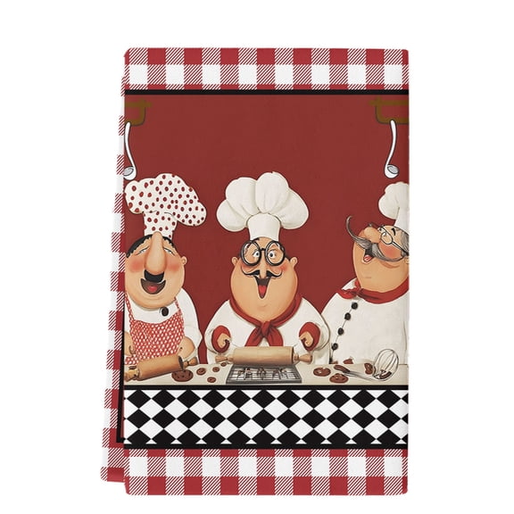 Dish Towels, Red Cooking Chefs Absorbent Kitchen Towels 1 PC, Funny Cooker Checked Plaid Microfiber Hand Towels Dish Cloths Tea Towels for Home Bathroom Cleaning Drying,18X28-Inch,