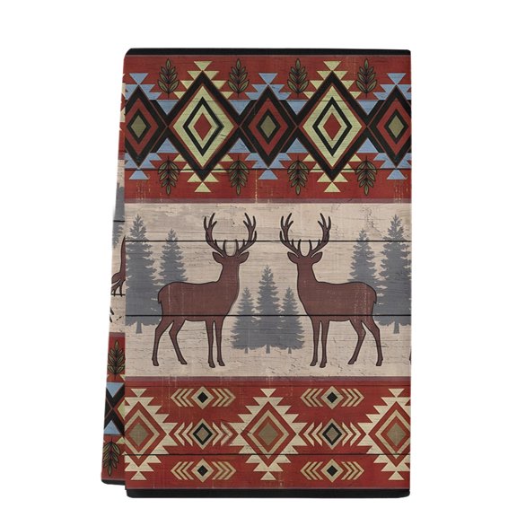 Dish Towels, Red Deer Pine Tree Absorbent Kitchen Towels 1 PC, Bohemian Tribal Geometric Microfiber Hand Towels Dish Cloths Tea Towels for Home&nbsp;Bathroom Cleaning Drying,18X28-Inch,