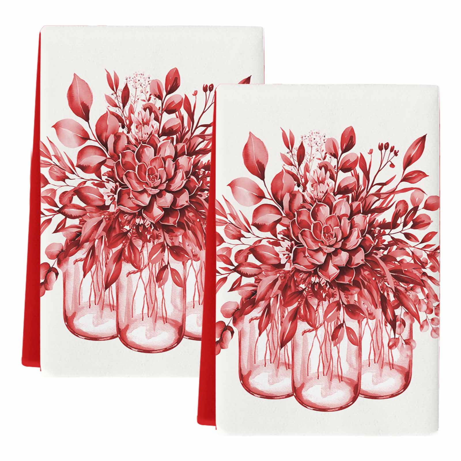 Dish Towels, Red Eucalyptus Leaves Absorbent Kitchen Towels 2 PCS, Floral Vase Stripes Microfiber Hand Towels Dish Cloths Tea Towels for Home&nbsp;Bathroom Cleaning Drying,18X28-Inch,