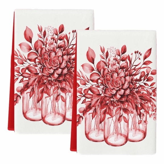 Dish Towels, Red Eucalyptus Leaves Absorbent Kitchen Towels 2 PCS, Floral Vase Stripes Microfiber Hand Towels Dish Cloths Tea Towels for Home Bathroom Cleaning Drying,18X28-Inch,