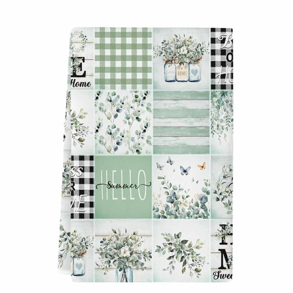 Dish Towels, Sage Green Farmhouse Plaid Absorbent Kitchen Towels 1 PC, Summer Gnome Eucalyptus Leaves Microfiber Hand Towels Dish Cloths Tea Towels for Home&nbsp; Bathroom,18X28-Inch,