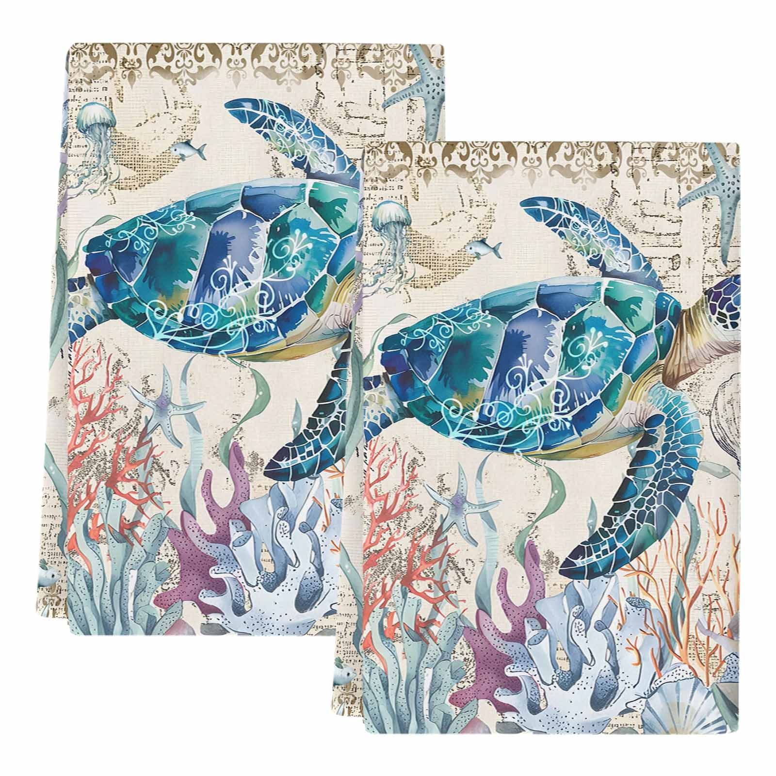 Dish Towels, Sea Turtle Absorbent Kitchen Towels 2 PCS, Vintage Ocean Coral Seagrass Microfiber Hand Towels Dish Cloths Tea Towels for Home&nbsp;Bathroom Cleaning Drying,18X28-Inch,