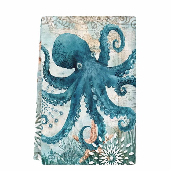 Dish Towels, Summer Ocean Absorbent Kitchen Towels 1 PC, Coastal Octopus Corals Microfiber Hand Towels Dish Cloths Tea Towels for Home Bathroom,18X28-Inch, Teal Blue