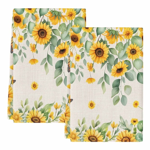 Dish Towels, Sunflower Absorbent Kitchen Towels 2 PCS, Butterfly Farmhouse Floral Green Leaves Linen Microfiber Hand Towels Dish Cloths Tea Towels for Home Bathroom Cleaning Drying,18X28-Inch,