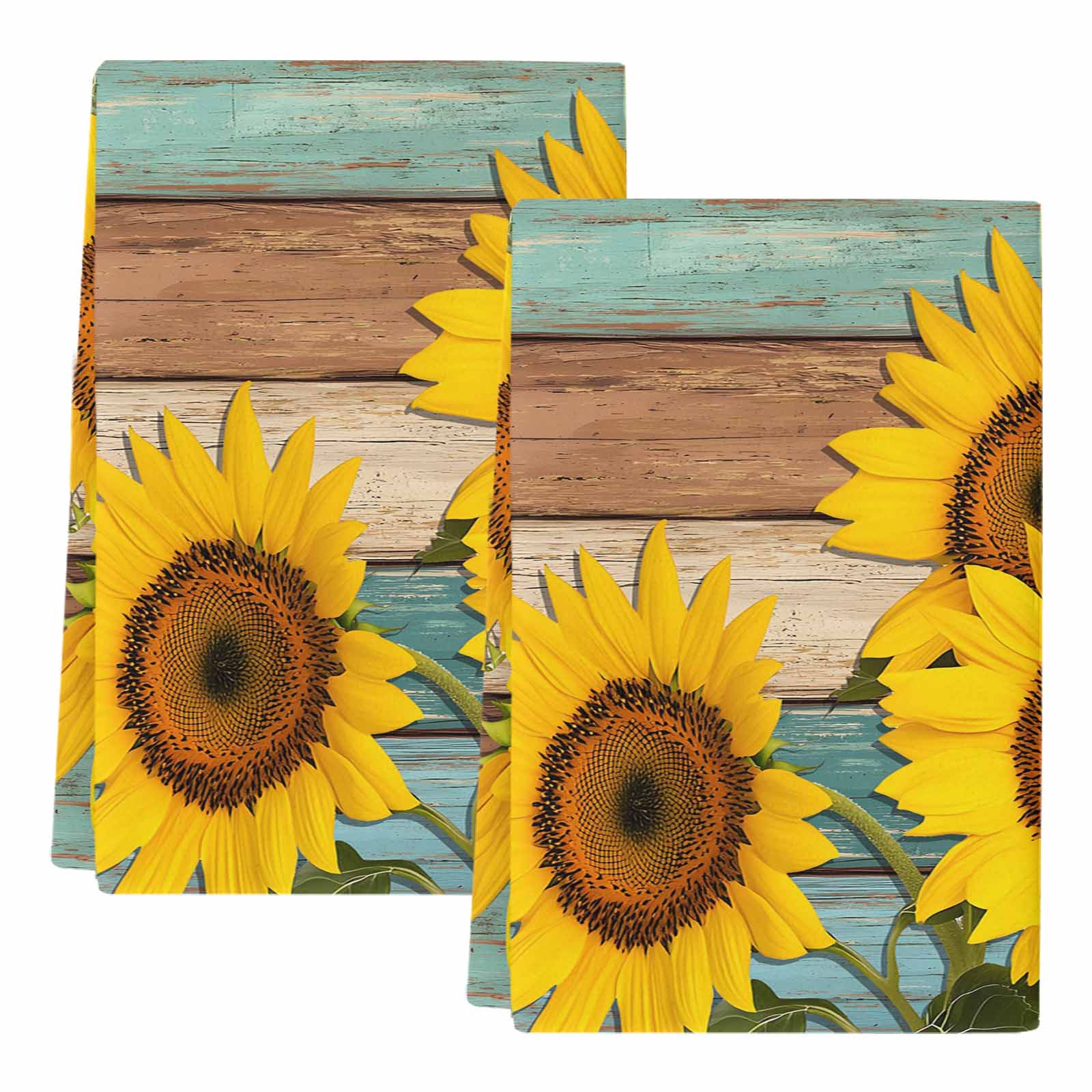 Dish Towels, Sunflower Absorbent Kitchen Towels 2 PCS, Farmhouse Floral Plant Teal Wood Grain Microfiber Hand Towels Dish Cloths Tea Towels for Home&nbsp;Bathroom Cleaning Drying,18X28-Inch,