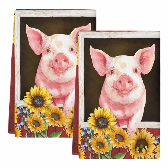 Dish Towels, Sunflower Pig Absorbent Kitchen Towels 2 PCS, Farm Animal Barn Microfiber Hand Towels Dish Cloths Tea Towels for Home Bathroom Cleaning Drying,18X28-Inch,