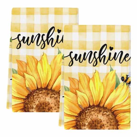 Dish Towels, Sunshine Sunflower Absorbent Kitchen Towels 2 PCS, Bee Yellow Buffalo Plaid Microfiber Hand Towels Dish Cloths Tea Towels for Home&nbsp;Bathroom Cleaning Drying,18X28-Inch,