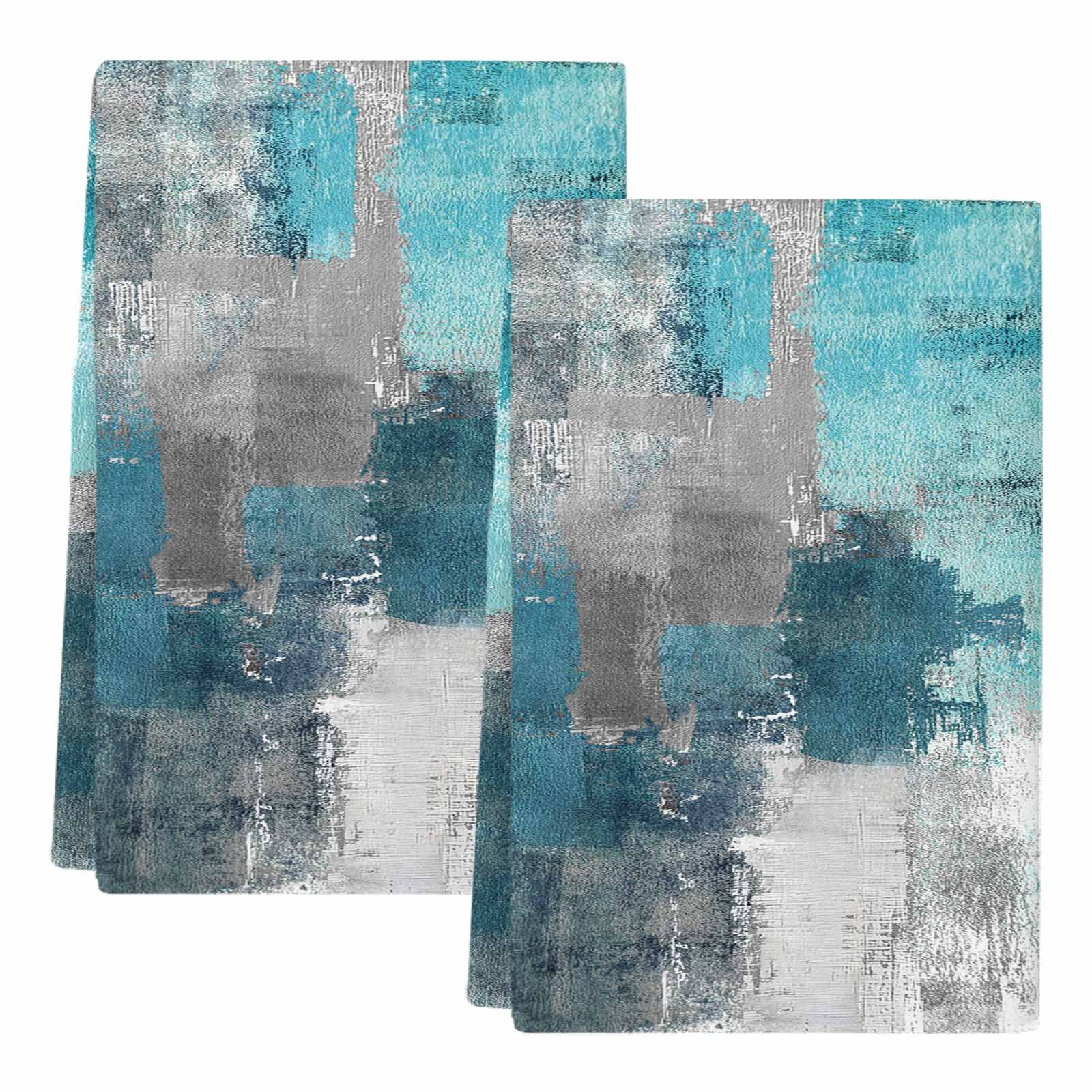 Dish Towels, Teal Gray Block Absorbent Kitchen Towels 2 PCS, Abstract Art Microfiber Hand Towels Dish Cloths Tea Towels for Home&nbsp;Bathroom Cleaning Drying,18X28-Inch,