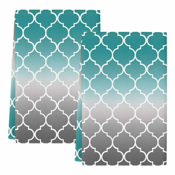 Dish Towels, Teal Green and Gray Ombre Gradient Absorbent Kitchen Towels 2 PCS, Morocco Pattern Microfiber Hand Towels Dish Cloths Tea Towels for Home Bathroom Cleaning Drying,18X28-Inch,
