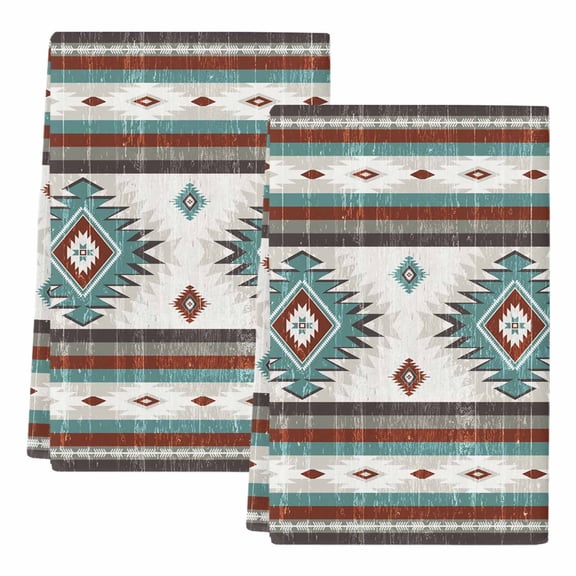 Dish Towels, Teal Red Boho Aztec Absorbent Kitchen Towels 2 PCS, Southwest Tribal Geometric Microfiber Hand Towels Dish Cloths Tea Towels for Home Bathroom Cleaning Drying,18X28-Inch,