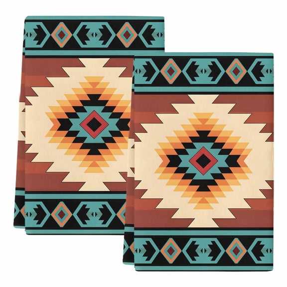 Dish Towels, Teal Red Tribal Geometric Absorbent Kitchen Towels 2 PCS, Vintage Boho Native Abstract Microfiber Hand Towels Dish Cloths Tea Towels for Home&nbsp;Bathroom Cleaning Drying,18X28-Inch,