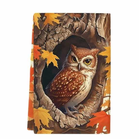 Dish Towels, Thanksgiving Autumn Absorbent Kitchen Towels 1 PC, Red Maple Leaves Owl Microfiber Hand Towels Dish Cloths Tea Towels for Home Bathroom,18X28-Inch, Fire Orange