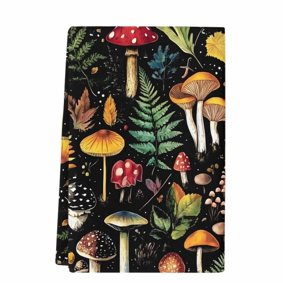 Dish Towels, Tropical Country Absorbent Kitchen Towels 1 PC, Vintage Mushroom Flower Leaf Microfiber Hand Towels Dish Cloths Tea Towels for Home&nbsp; Bathroom,18X28-Inch, Black