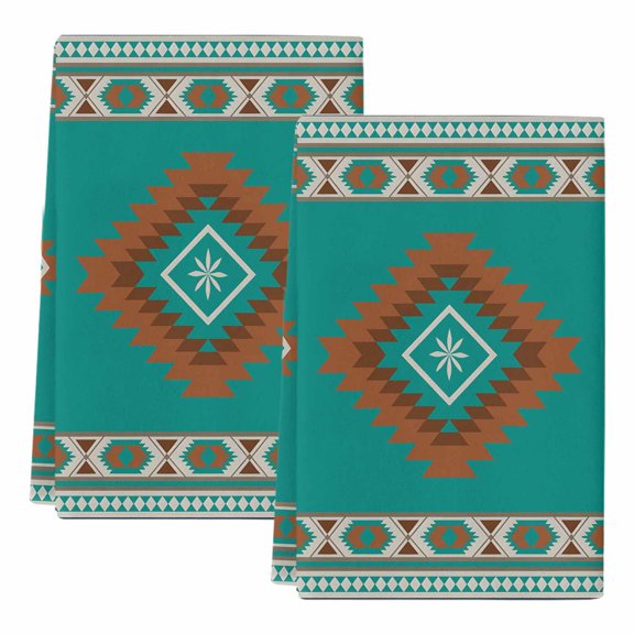 Dish Towels, Turquoise Tribal Geometric Absorbent Kitchen Towels 2 PCS, Vintage Boho Native Abstract Microfiber Hand Towels Dish Cloths Tea Towels for Home&nbsp;Bathroom Cleaning Drying,18X28-Inch,