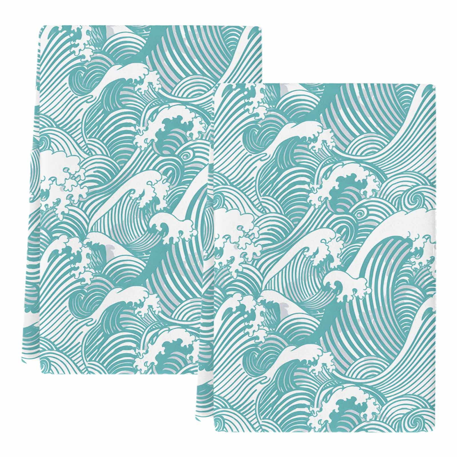 Dish Towels, Turquoise Waves Absorbent Kitchen Towels 2 PCS, Ocean Lines Stripes Microfiber Hand Towels Dish Cloths Tea Towels for Home&nbsp;Bathroom Cleaning Drying,18X28-Inch,