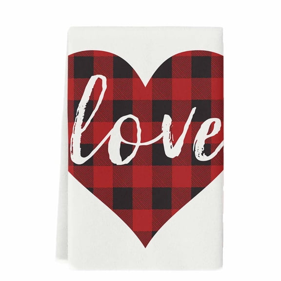 Dish Towels, Valentines Day Red and Black Buffalo Check Plaid Love Absorbent Kitchen Towels 1 PC, Heart s Microfiber Hand Towels Dish Cloths Tea Towels for Home Bathroom,18X28-Inch,