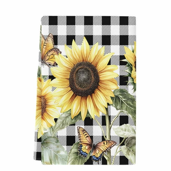 Dish Towels, Vintage Floral Sunflower Absorbent Kitchen Towels 1 PC, Black White Farmhouse Checkered Plaid Microfiber Hand Towels Dish Cloths Tea Towels for Home Bathroom,18X28-Inch,