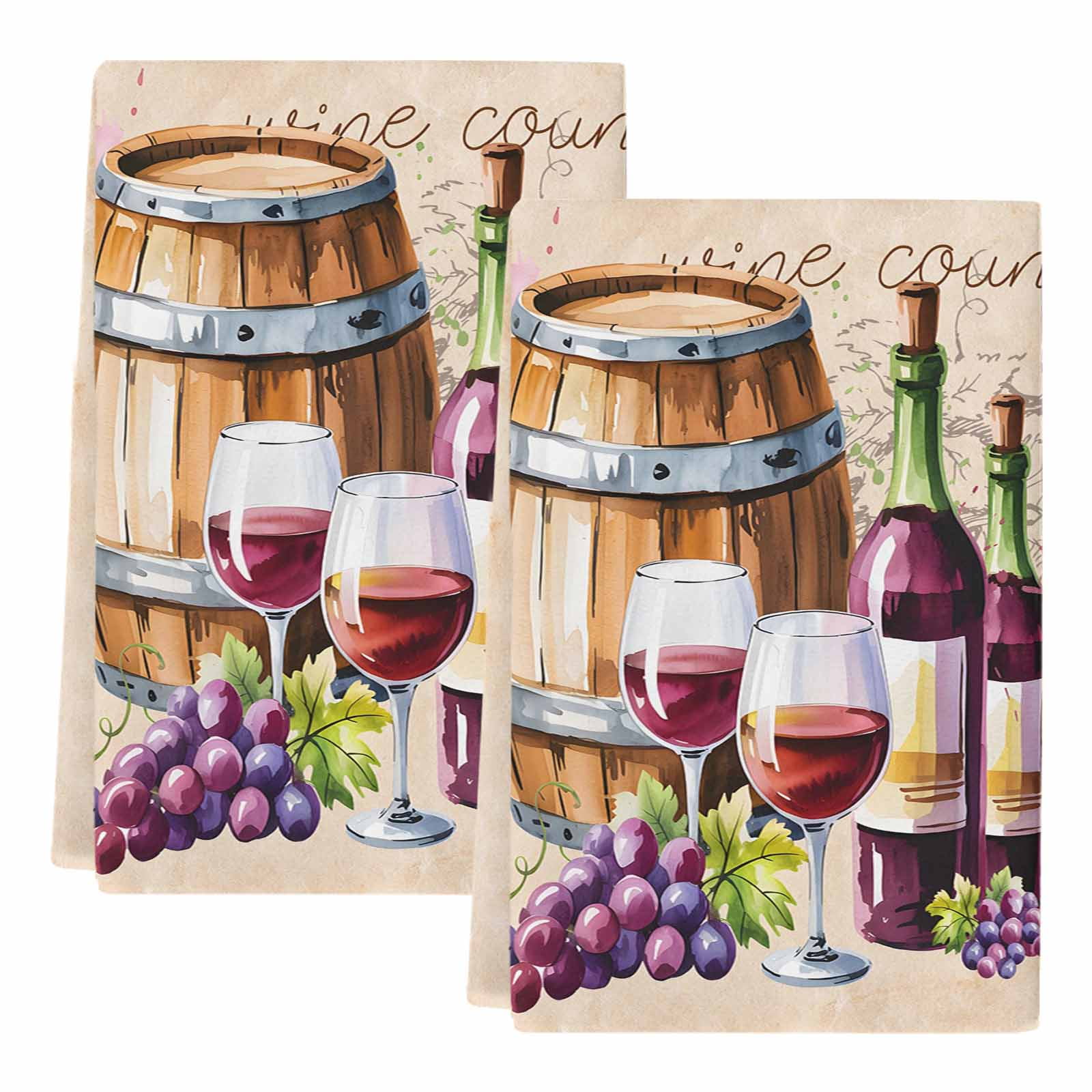 Dish Towels, Wine Cask Absorbent Kitchen Towels 2 PCS, Retro Farmhouse Grape Microfiber Hand Towels Dish Cloths Tea Towels for Home&nbsp;Bathroom Cleaning Drying,18X28-Inch,