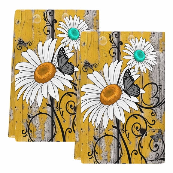 Dish Towels, Yellow Daisy Absorbent Kitchen Towels 2 PCS, Grey Bubble Butterfly Floral Microfiber Hand Towels Dish Cloths Tea Towels for Home Bathroom Cleaning Drying,18X28-Inch,
