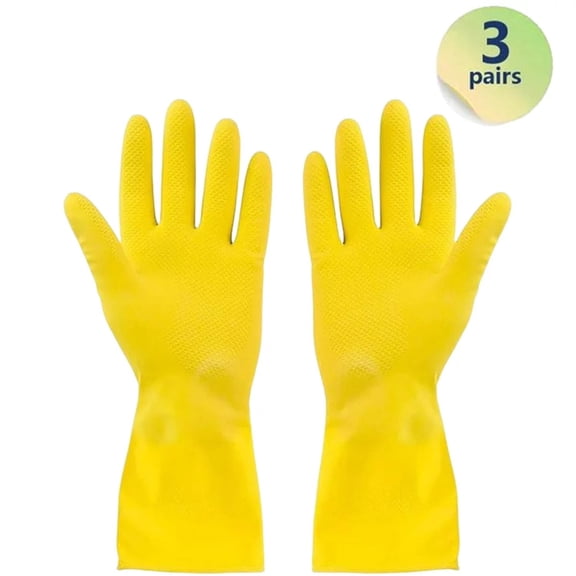 Dish Wash Kitchen Gloves, 3 Pairs Yellow Reuseable Waterproof Cleaning Rubber Gloves for Household, Medium