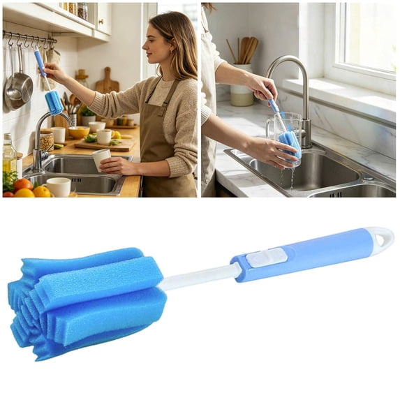 Dish Washing Brush With Handle, Cleaning Brushes for Household Use, Adjustable Long Handle Water Bottle Brush, For Soft Foam Dish Cleaning Brush For Wine Glasses Mugs Cups & Kettles (Blue)