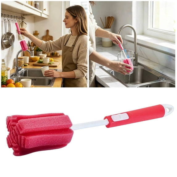 Dish Washing Brush With Handle, Cleaning Brushes for Household Use, Adjustable Long Handle Water Bottle Brush, For Soft Foam Dish Cleaning Brush For Wine Glasses Mugs Cups & Kettles (Red)