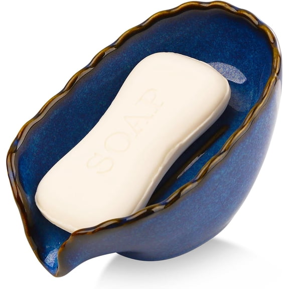 Dish Washing Soap Holder, Blue Ceramic, Self Draining, Bar Soap Holder Leaf Shape for Bathroom, Kitchen