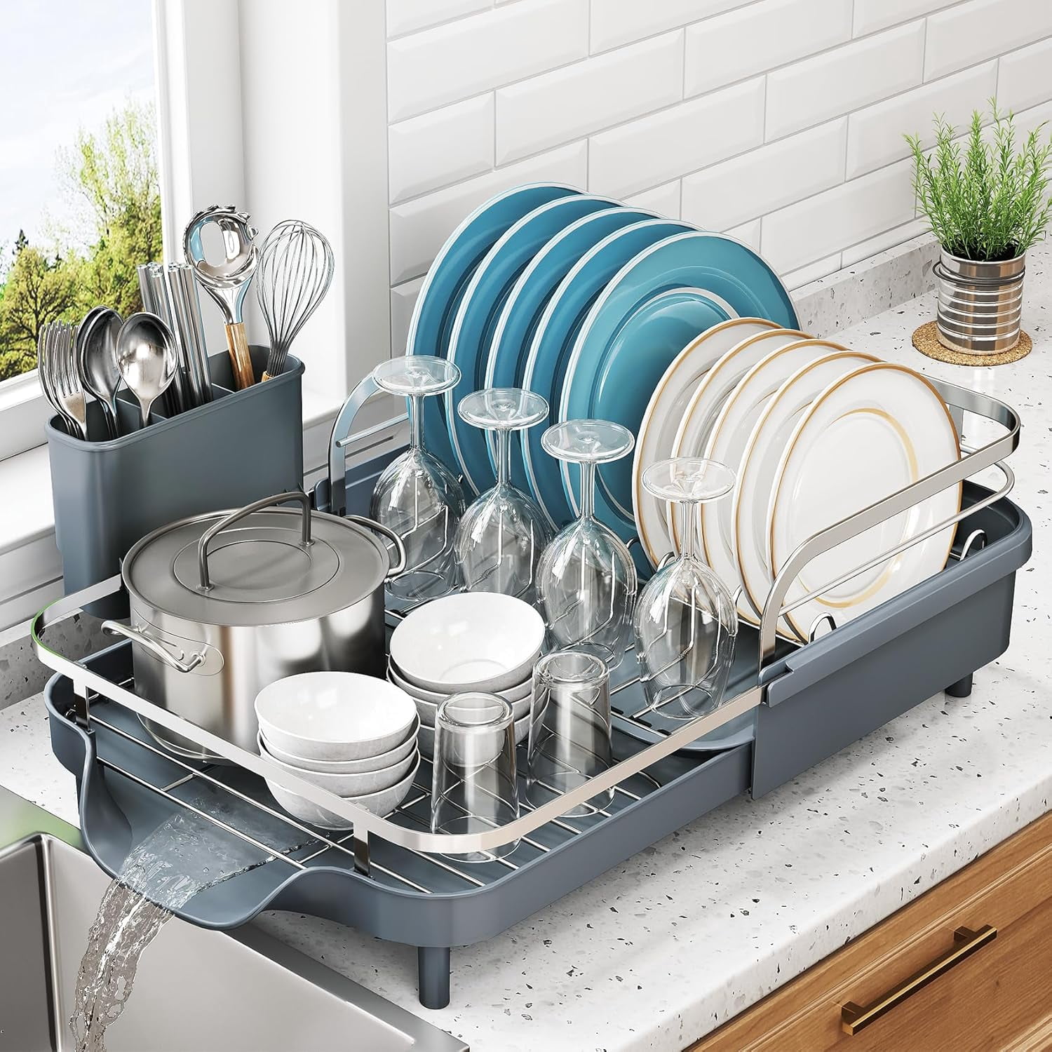 Dish drain rack, kitchen countertop expandable dish rack, stainless ...