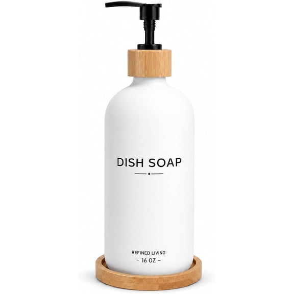 Dish Soap Dispenser, 16 OZ Glass Kitchen Soap Dispenser with Bamboo Pump and Tray, Refillable Hand Soap Dispenser for Kitchen Countertop, Modern Farmhouse Decor